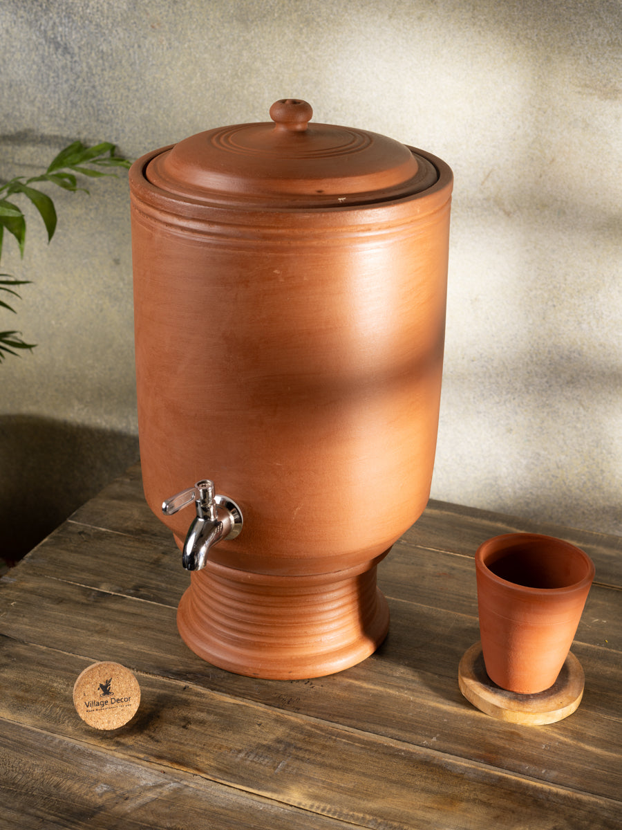 Village Decor Earthen Clay Water Pot with Lid & tap (Pre-seasoned) -7000 ml