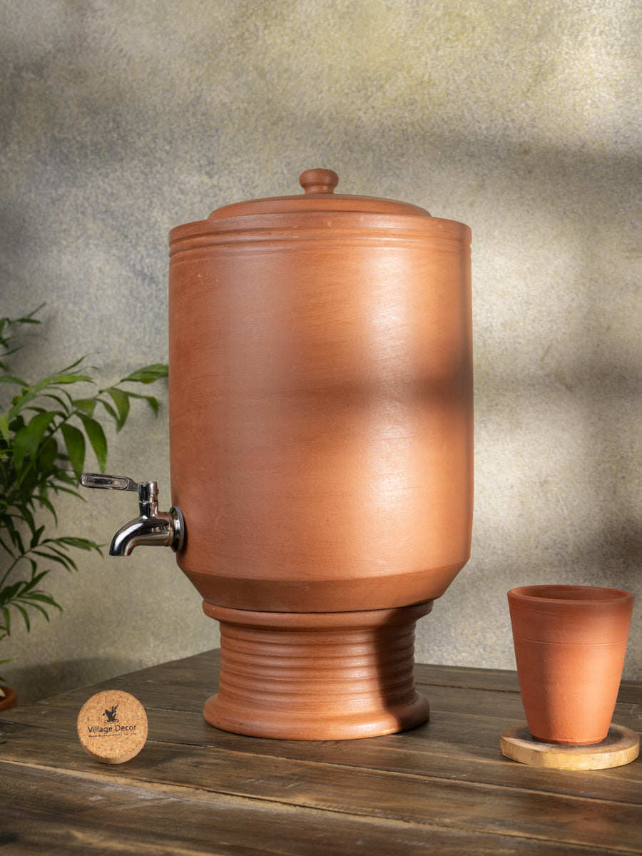 Village Decor Earthen Clay Water Pot with Lid & tap (Pre-seasoned) -7000 ml