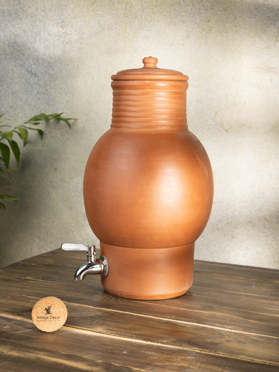 Village Decor Earthen Clay Water Pot with Lid &tap (Pre-seasoned) -4000ml
