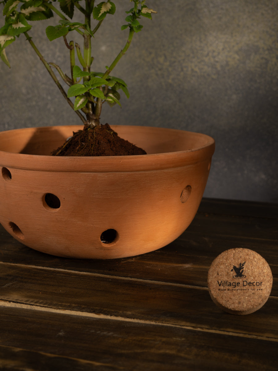 Village Decor Terracotta Hanging Bowl Shape Orchid Planter wit Rope (Dia - 8.8 inch)