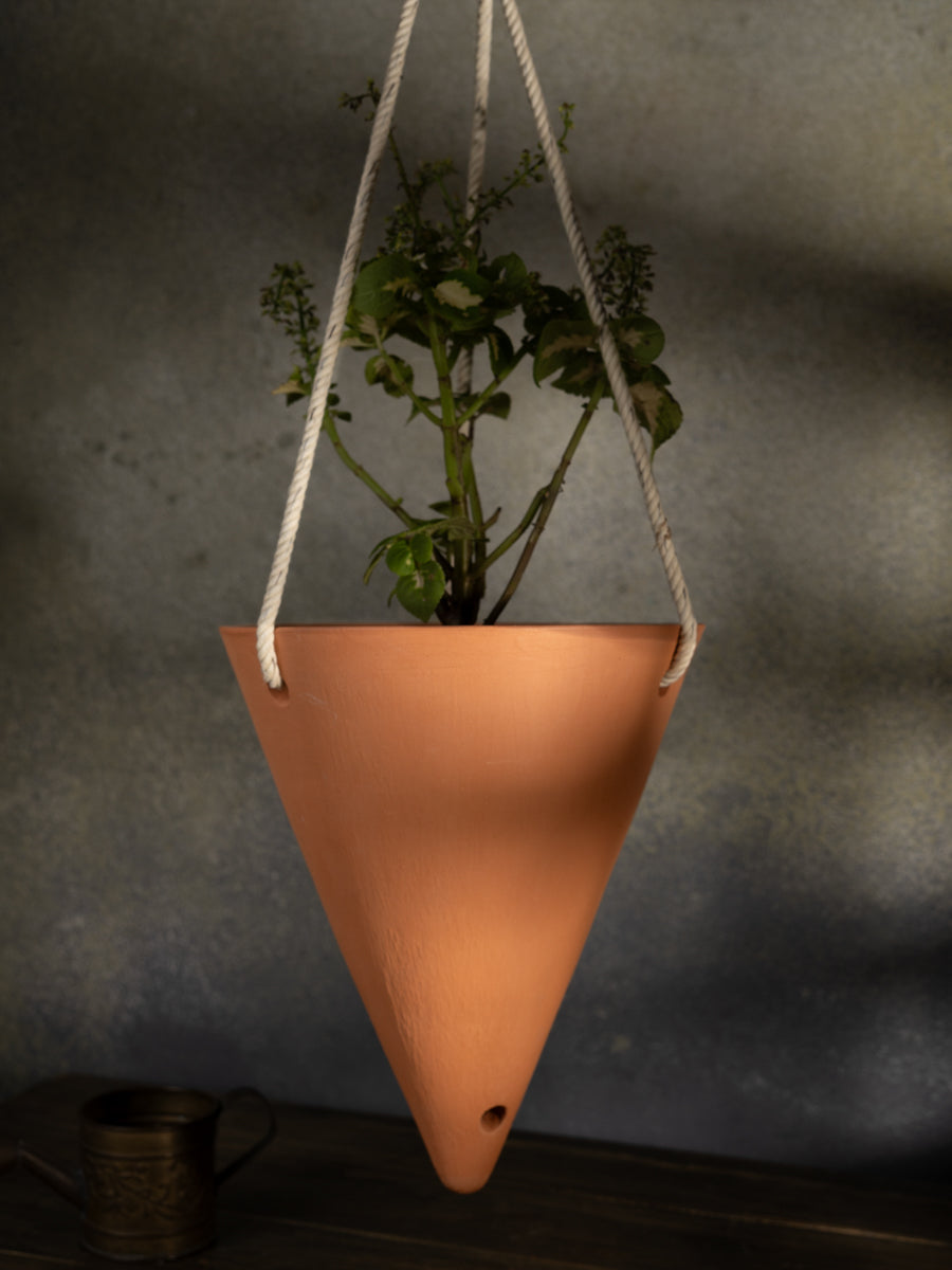 Terracotta Hanging Cone Planter with Rope