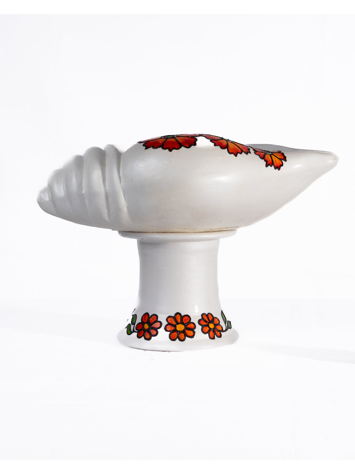 Terracotta Decorative Flower design Sangu urili with Stand - White