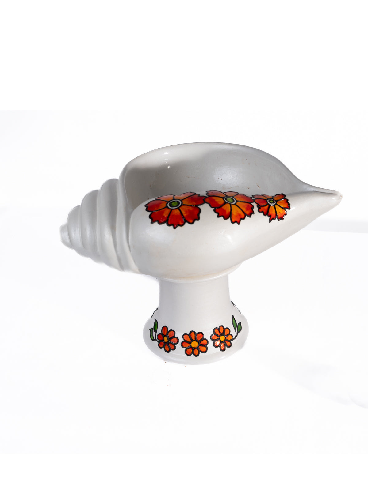 Terracotta Decorative Flower design Sangu urili with Stand - White