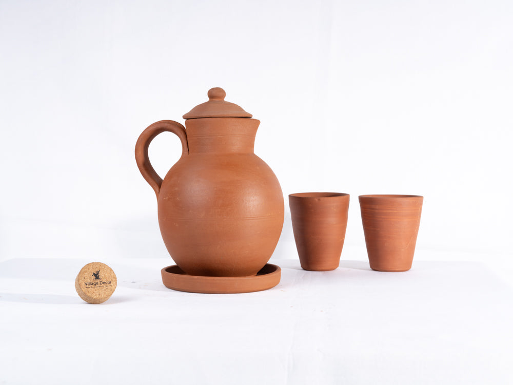 Terracotta clay Water jug with Glass (Pre-seasoned) -2000ml