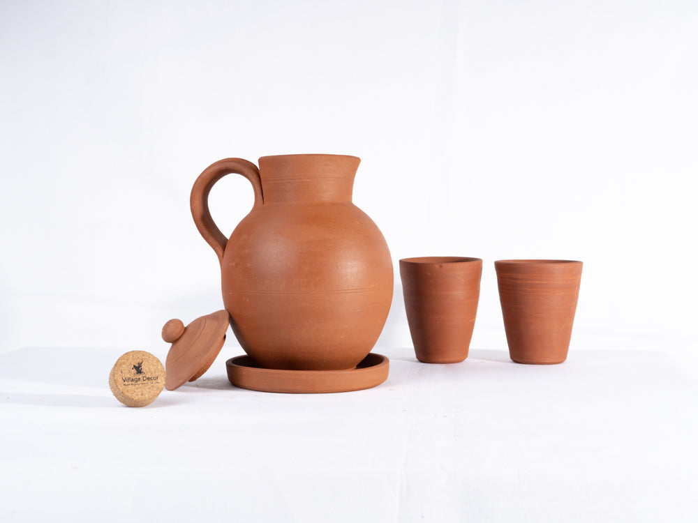 Terracotta clay Water jug with Glass (Pre-seasoned) -2000ml