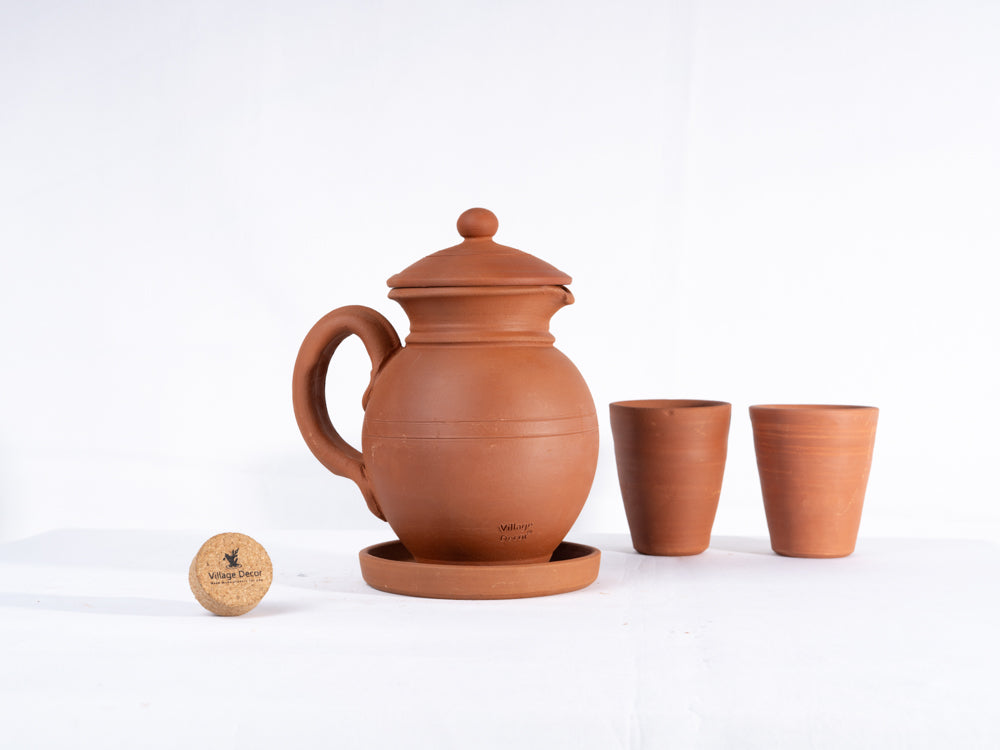 Terracotta clay Water Jug with Glass(Pre-seasoned) - 1500 ml