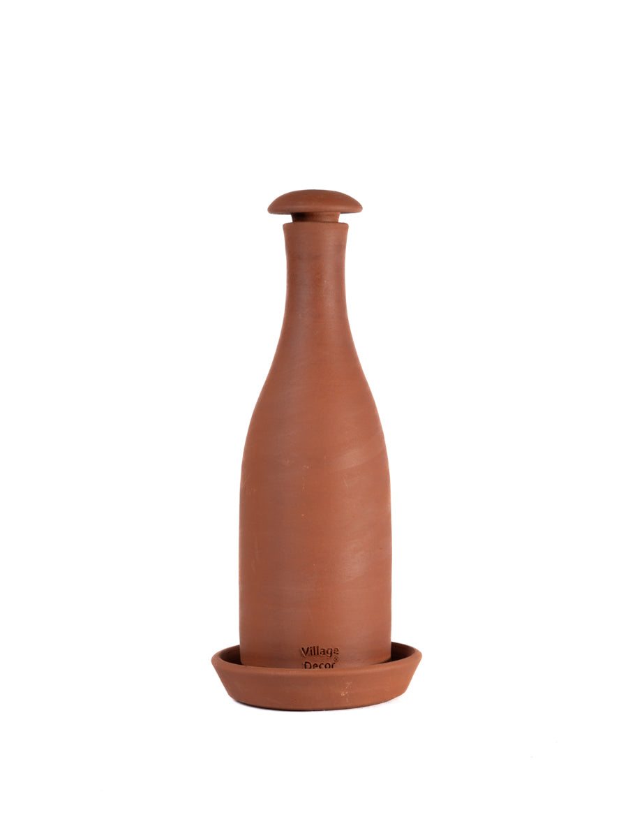 Terracotta Clay Water Bottle With Tray (Pre-seasoned) - 800 ml