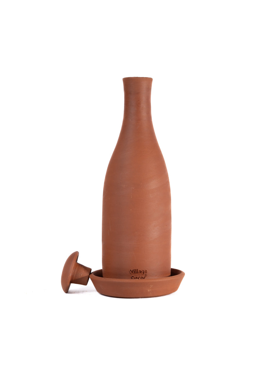 Terracotta Clay Water Bottle With Tray (Pre-seasoned) - 800 ml