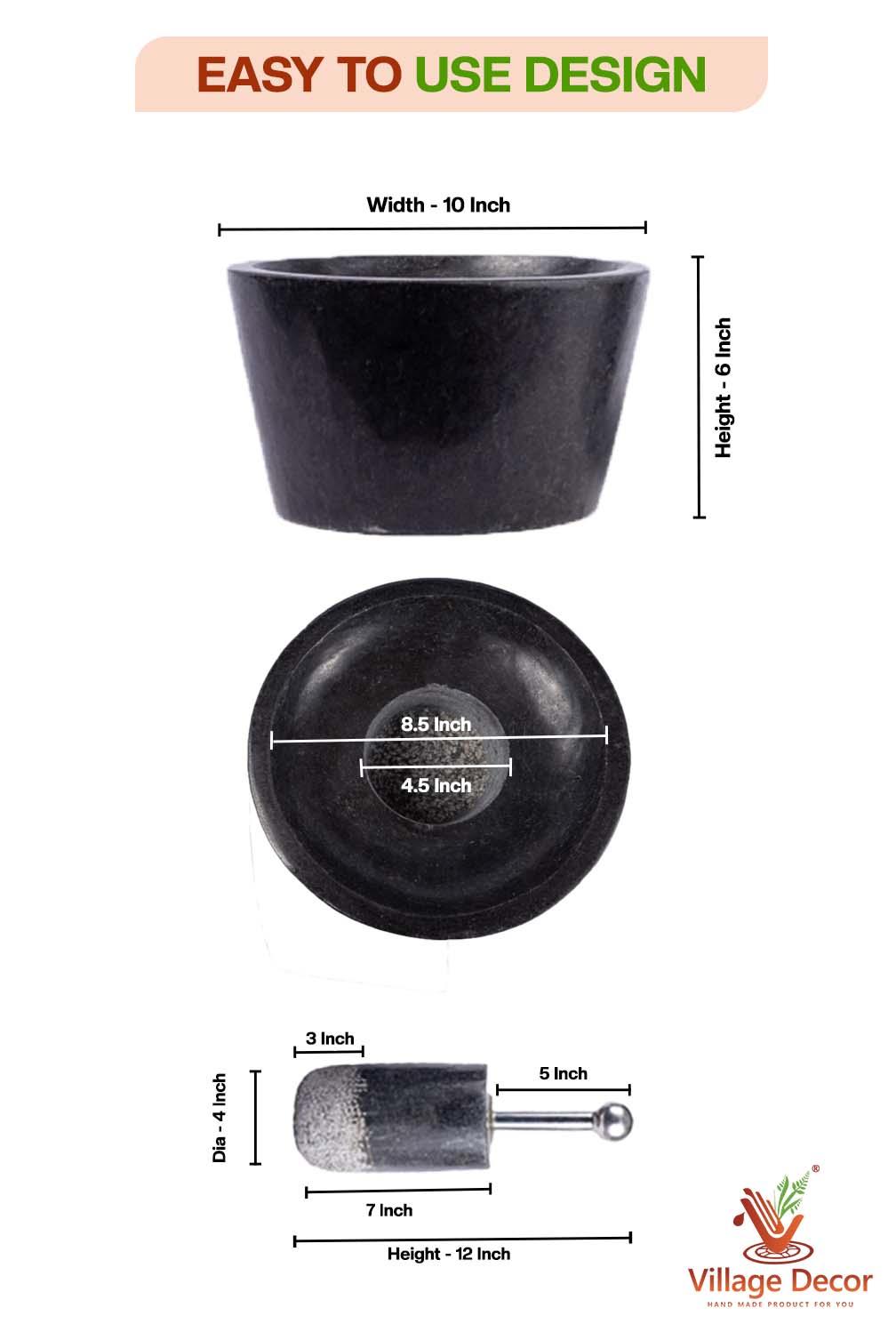 Black Stone Polished Traditional Manual Grinder stone|  attukal metate mortar & pestle| Rubbu rollu (W * H - 10 * 6 inch)