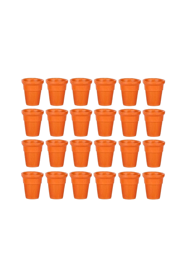 Pack of 24 disposable terracotta tea cups made from natural clay, perfect for eco-friendly serving and traditional chai.

