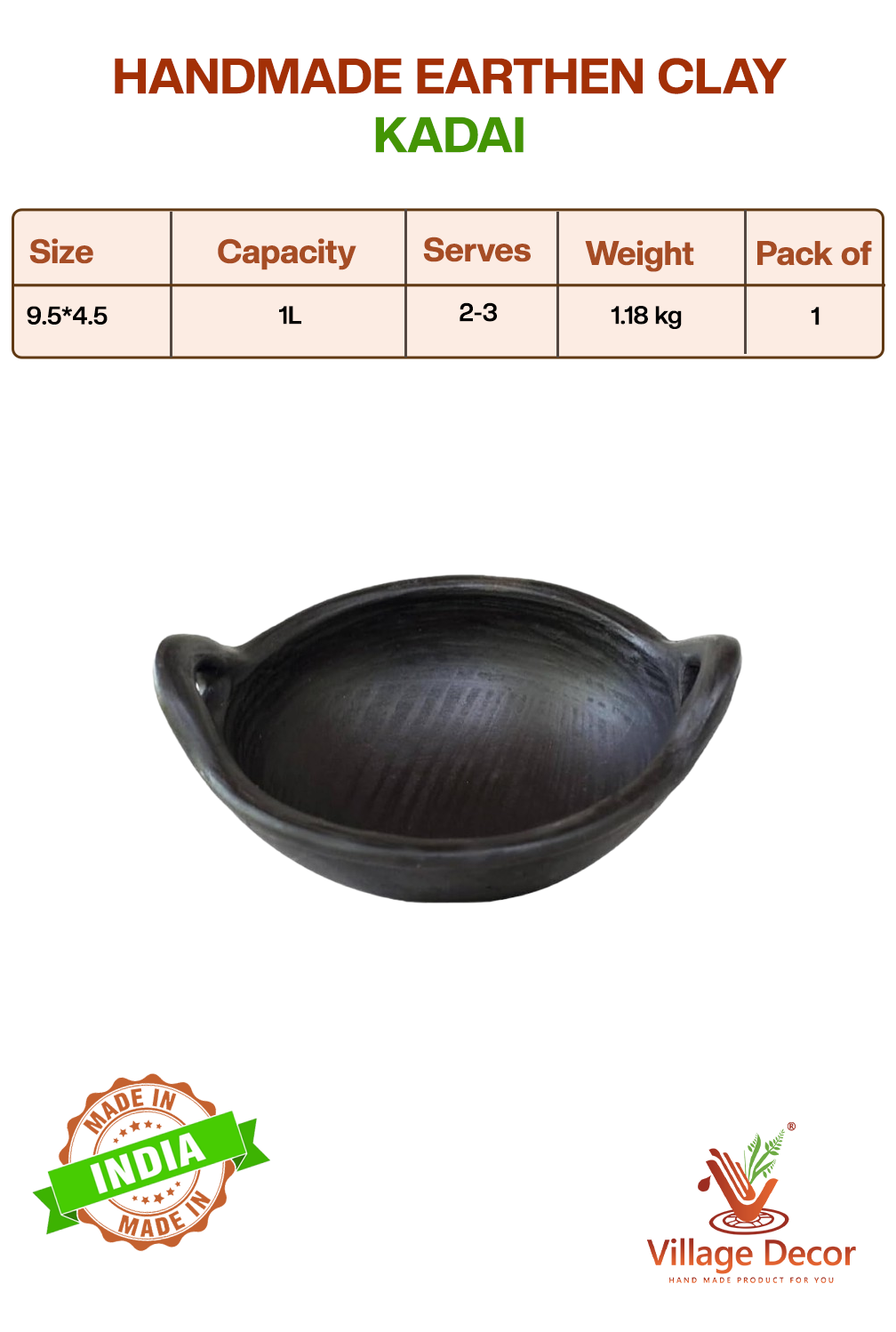 Handmade black clay kadai displayed with product specifications and Village Decor branding on an info graphic layout.
