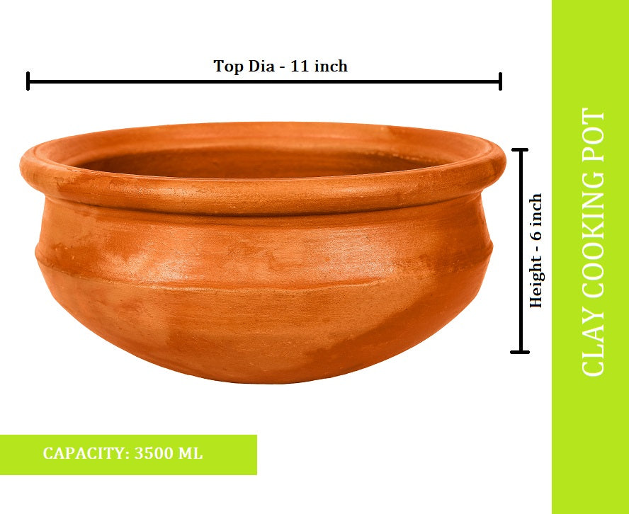 3500 ml earthen clay cooking pot, showing detailed dimensions including top diameter and height of the chatti.
