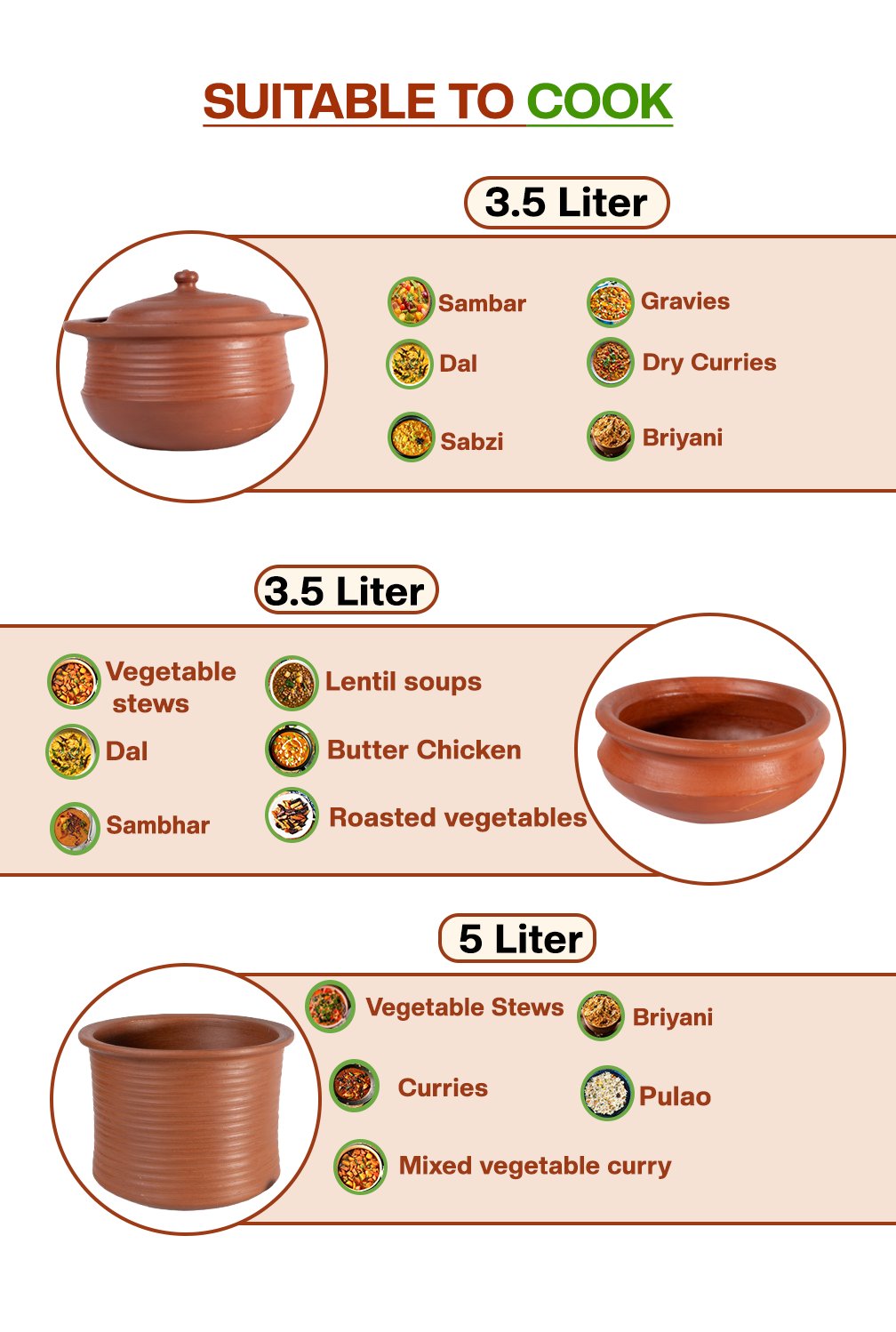 Traditional mitti ke bartan combo set (3.5L & 5L) for healthy home cooking. Perfect for making sambar, dal, sabzi, gravies, and biryani with rich, earthy flavor.

