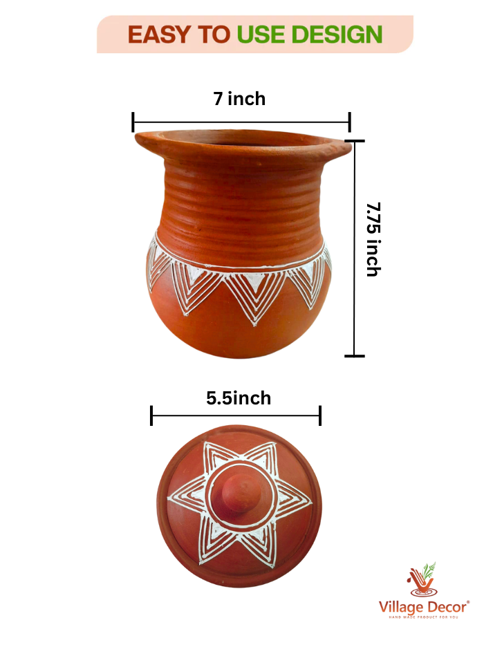 Earthen Clay pongal pot displayed with clear measurements, suitable for cooking pongal and other traditional dishes.