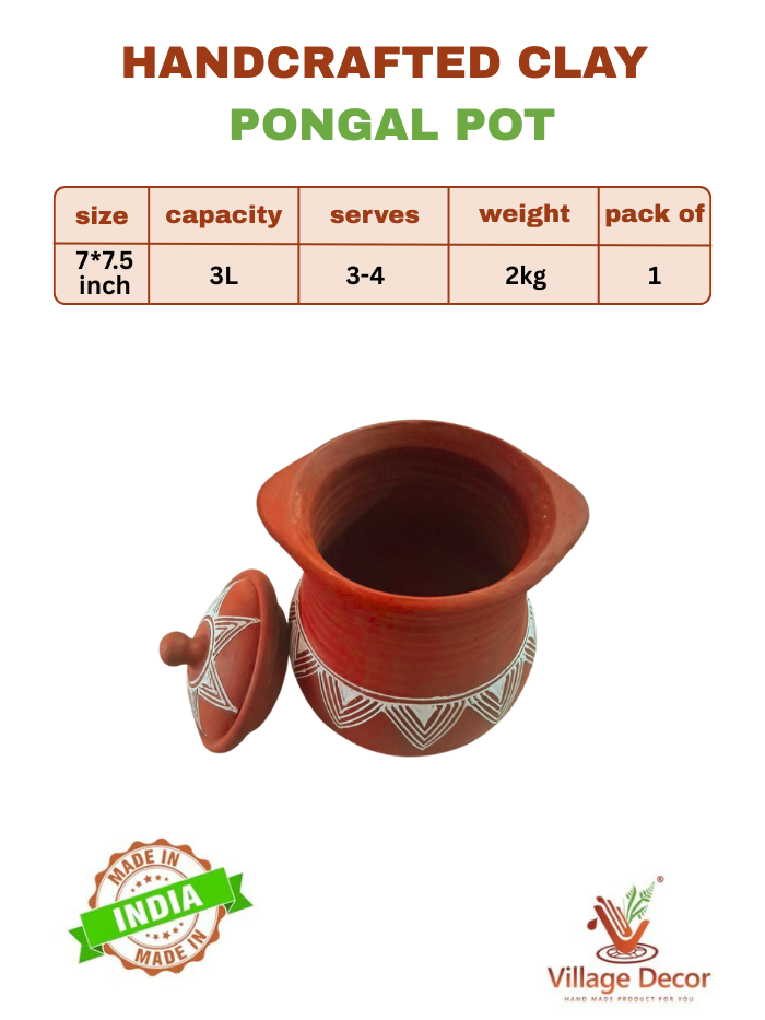 Handcrafted clay pongal pot with specifications and 'Made in India' label on a white background
