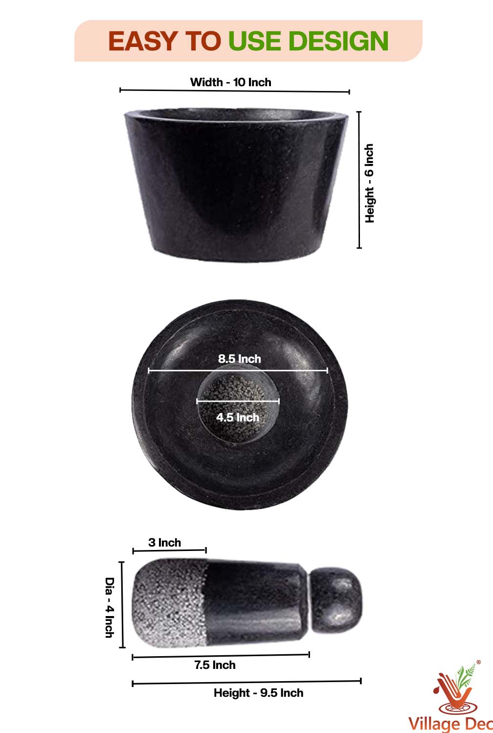 Black Stone Polished Attukal / mortar & pestle (B * H - 10 * 6 inch)