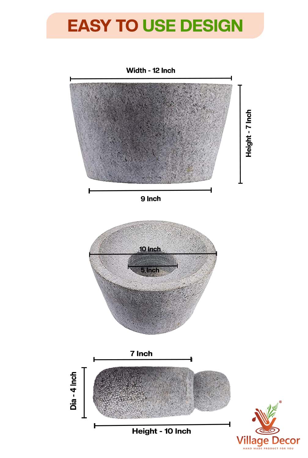 Black Stone Attukal / mortar & pestle (B * H - 12 * 7 inch)