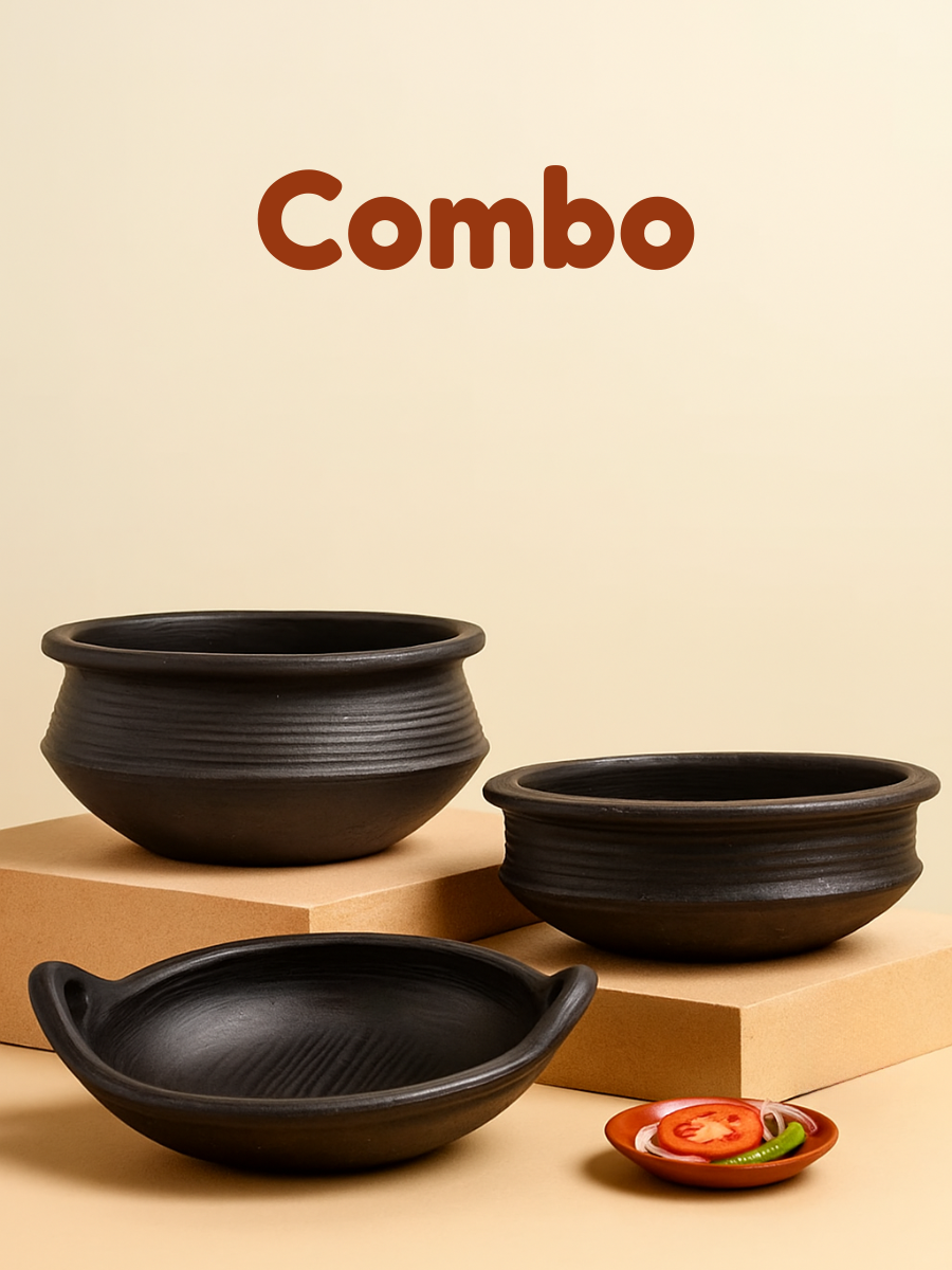 Everyday cookware combo featuring a 1 litre clay kadai, 2 litre deep cooking pot, and 2 litre flat cooking pot, styled in a traditional kitchen for everyday cooking with handmade, gas stove-safe clay cookware.