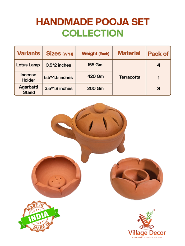 Terracotta pooja essentials combo showing sizes, weights, and pack details of clay lamp, incense holders and agarbatti stand.