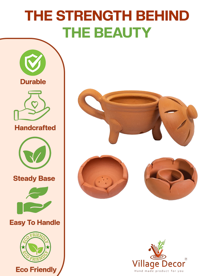 Handmade terracotta pooja set features infographic showing durability, stability, and artisan craftsmanship