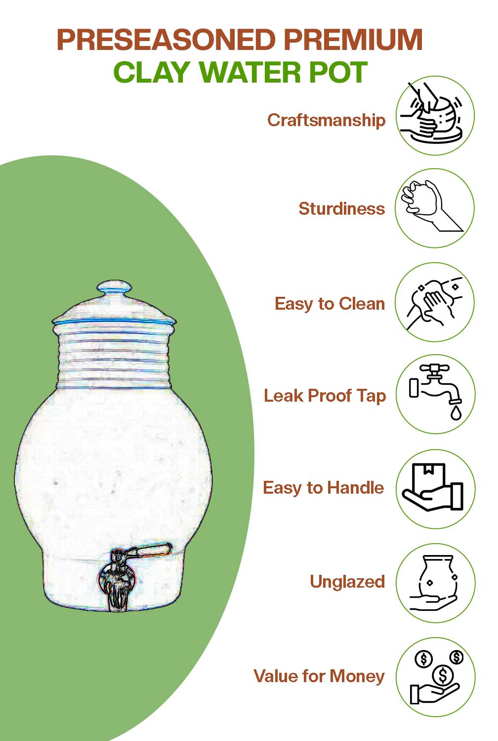 Earthen Clay Water Pot with Lid &tap (Pre-seasoned) -4000ml