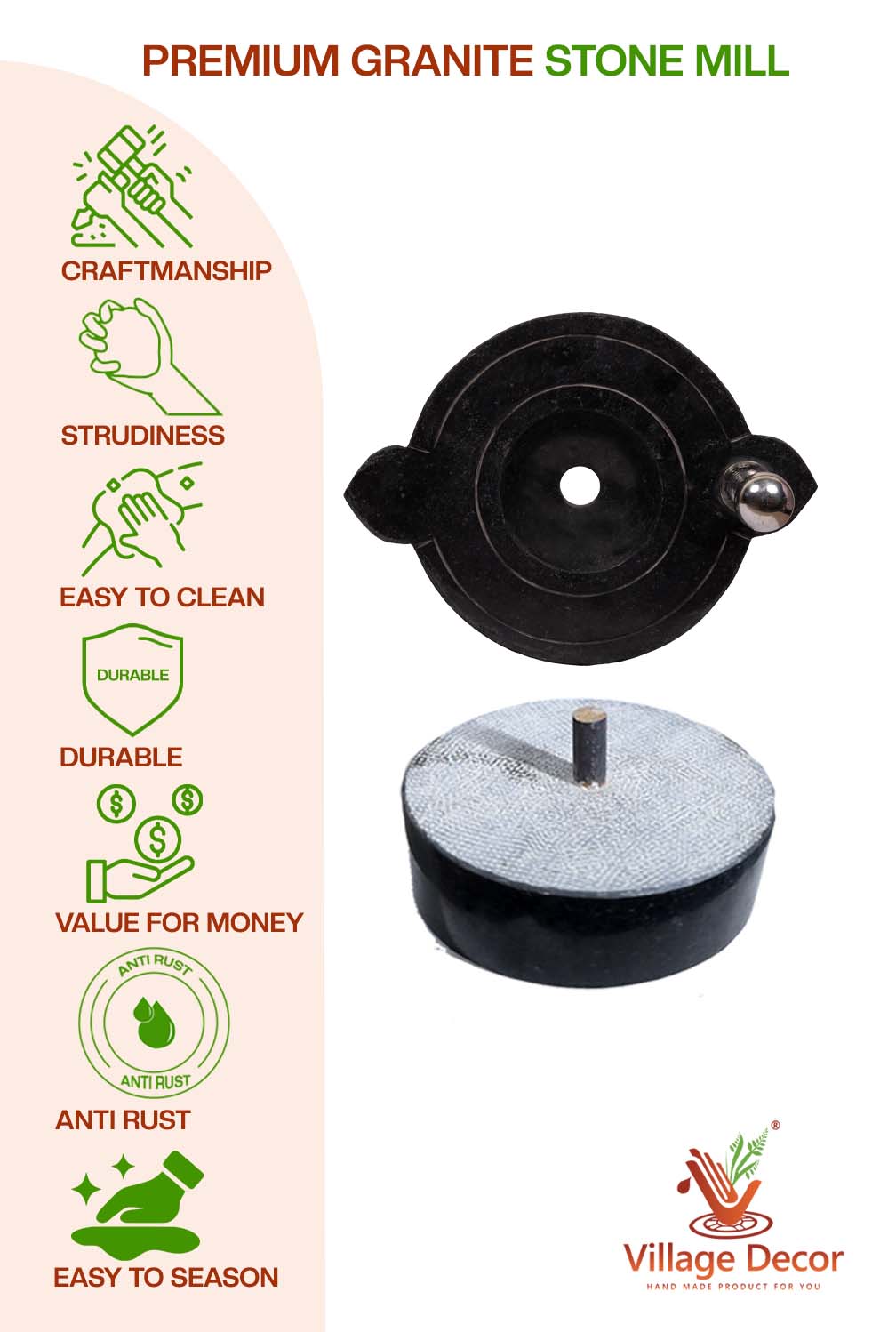 Black Carved Handmade Polished Patthar Ki Chakki |Stone Mill/Grinder (Dia - 10 inch)