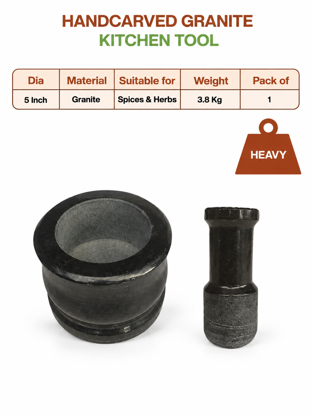 Granite Polished Ginger Garlic Masher - 5 inch | Stone Mortar & Pestle Set | Handmade Hamam Dasta