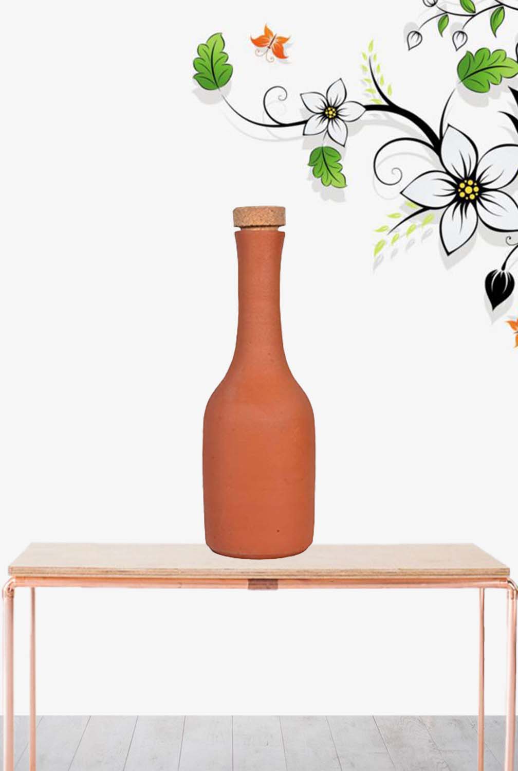 Terracotta clay Water Bottle with Wooden Cork (Pre-Seasoned) - 800 ml