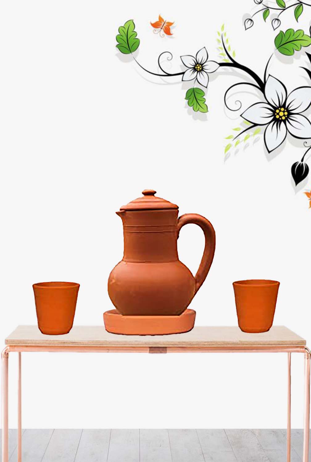Terracotta clay Water jug with Glass (Pre-seasoned) -2000ml