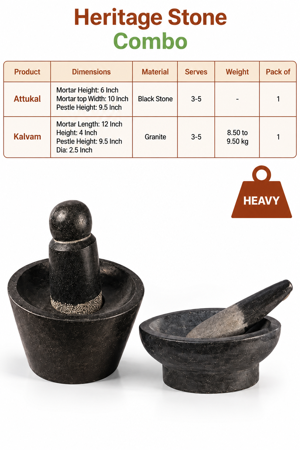 Heritage Stone Combo -  Attukal/Rubbu Rolu + Kalvam/Kharal | Handmade Kitchen Tools for Traditional and Authentic Cooking
