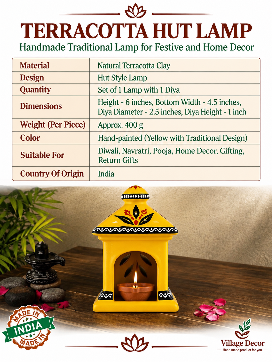 Terracotta Diya for Puja and Festivals  | Handmade Terracotta Oil Lamp - Yellow Color