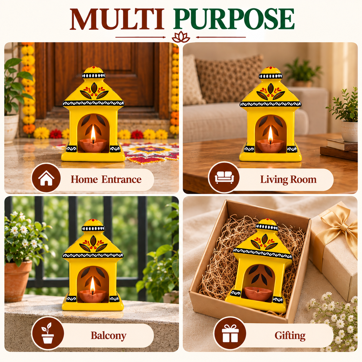 Terracotta Diya for Puja and Festivals  | Handmade Terracotta Oil Lamp - Yellow Color