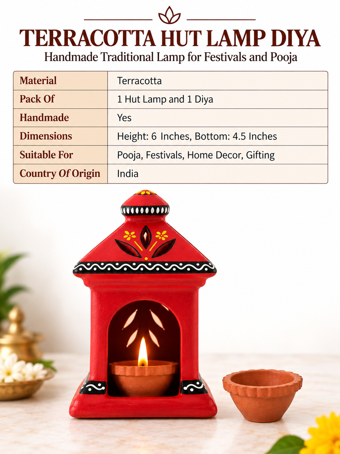 Terracotta Diya for Puja and Festivals  | Handmade Terracotta Oil Lamp - Red Color