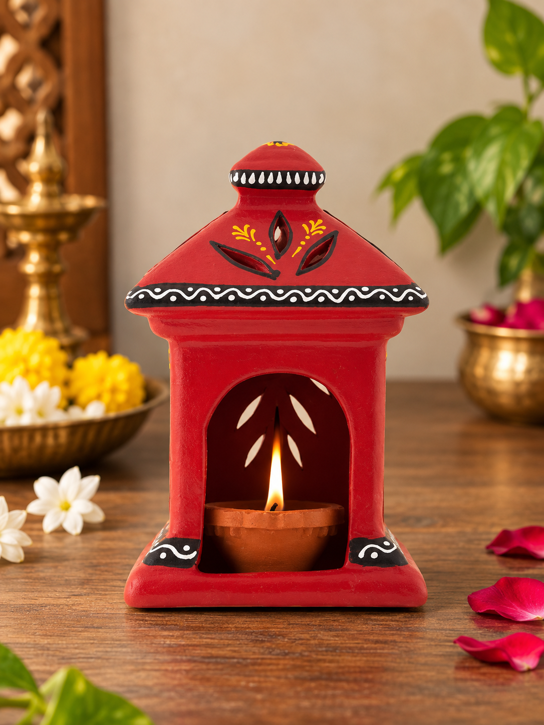 Terracotta Diya for Puja and Festivals  | Handmade Terracotta Oil Lamp - Red Color