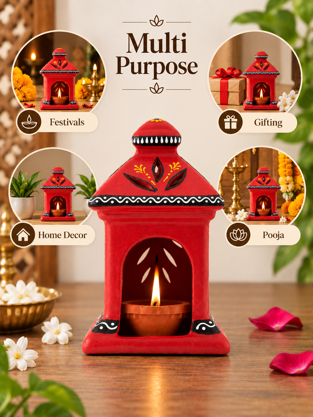 Terracotta Diya for Puja and Festivals  | Handmade Terracotta Oil Lamp - Red Color