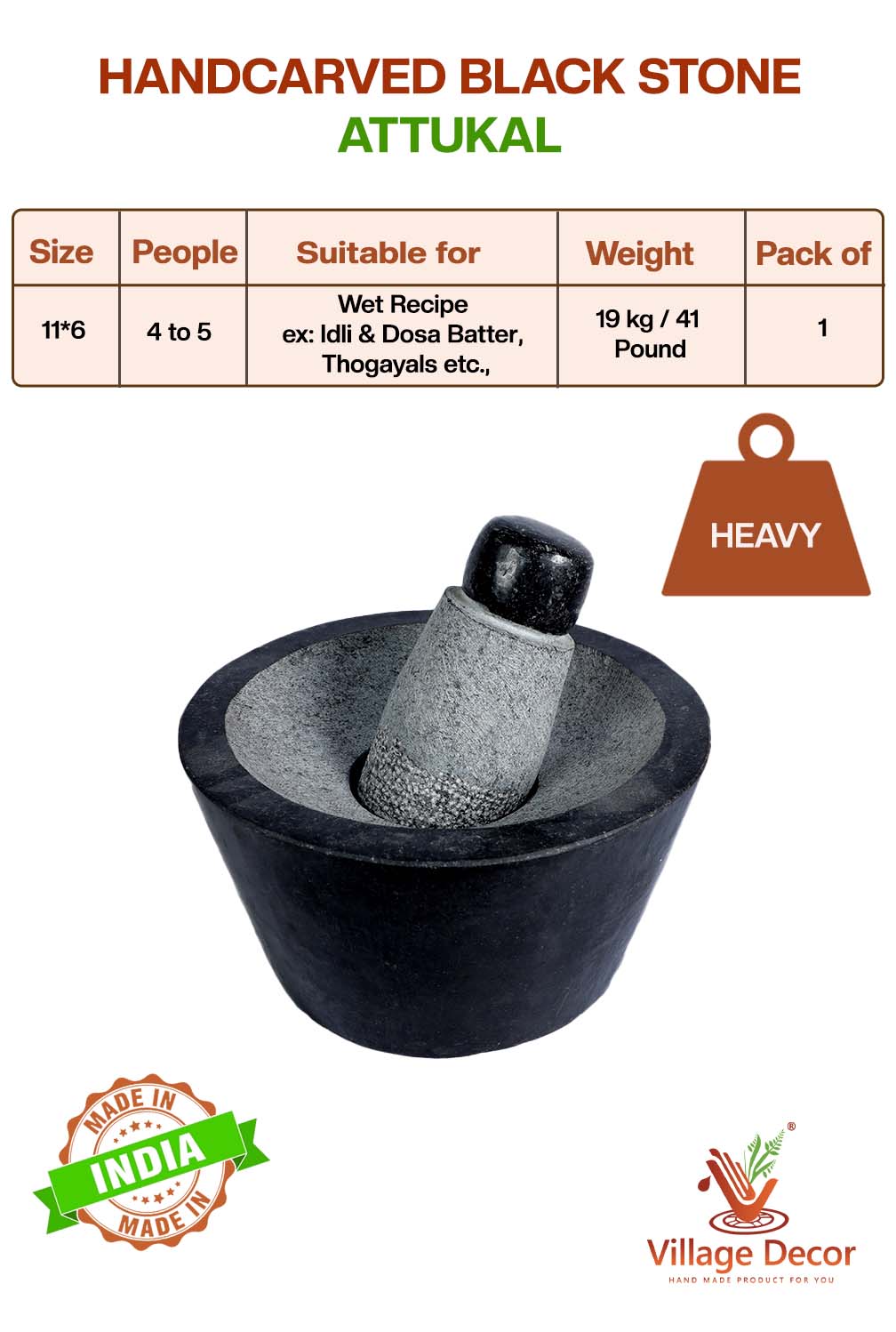 Black Stone Polished Attukal | Rubbu Rollu | Mortar & Pestle (B*H -11 * 6 Inch)