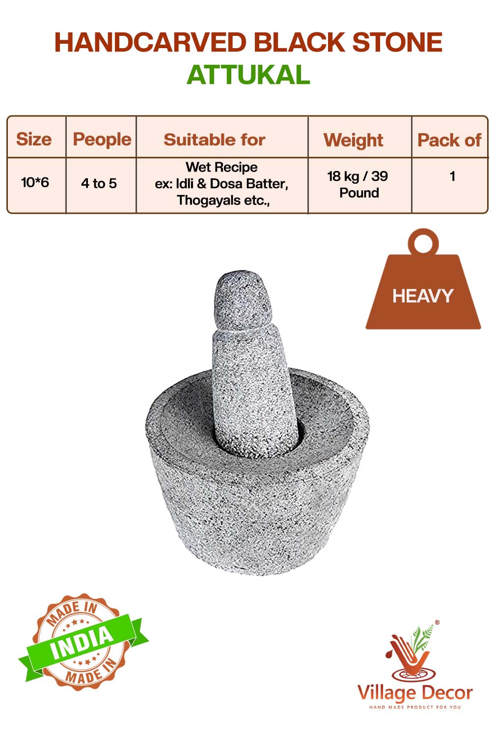 Black stone mortar & pestle / attukal ( B*H -10*6 inch)