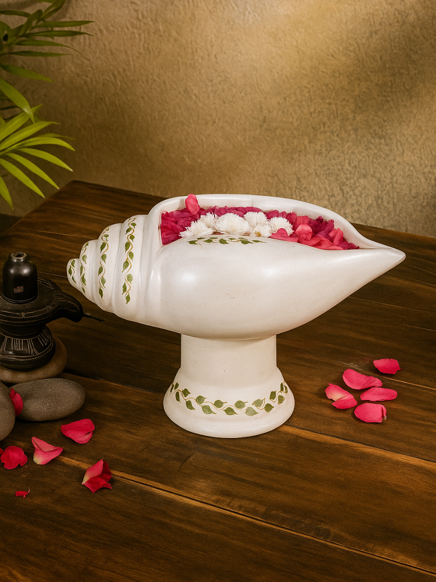 Terracotta Decorative Flower design Sangu urli with Stand | Showpiece Vastu Benefit - (Breadth-13 Inch)