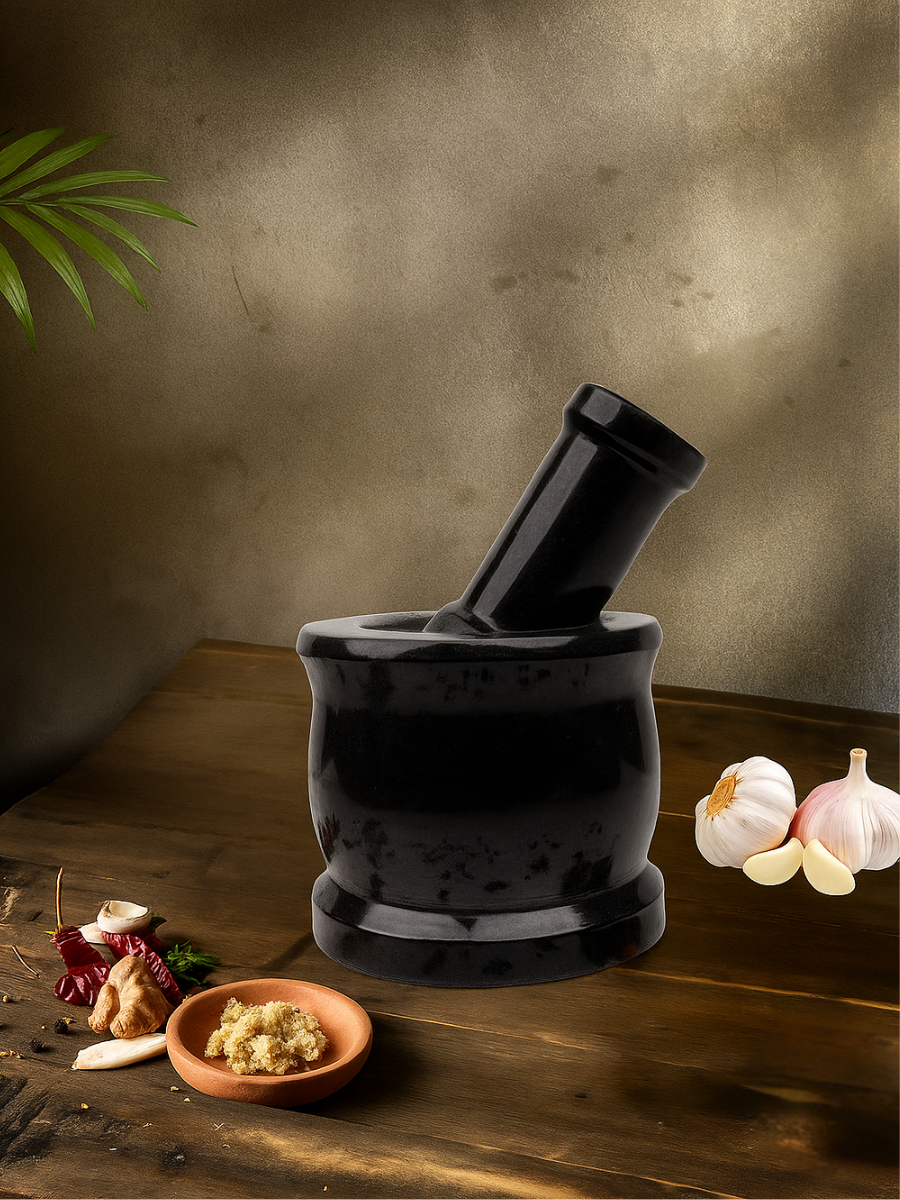 Traditional Polished Granite Stone Smasher & Pestle Set | Stone Ginger Garlic Crusher | Handmade Hamam Dasta (B*H - 4*4 inch)
