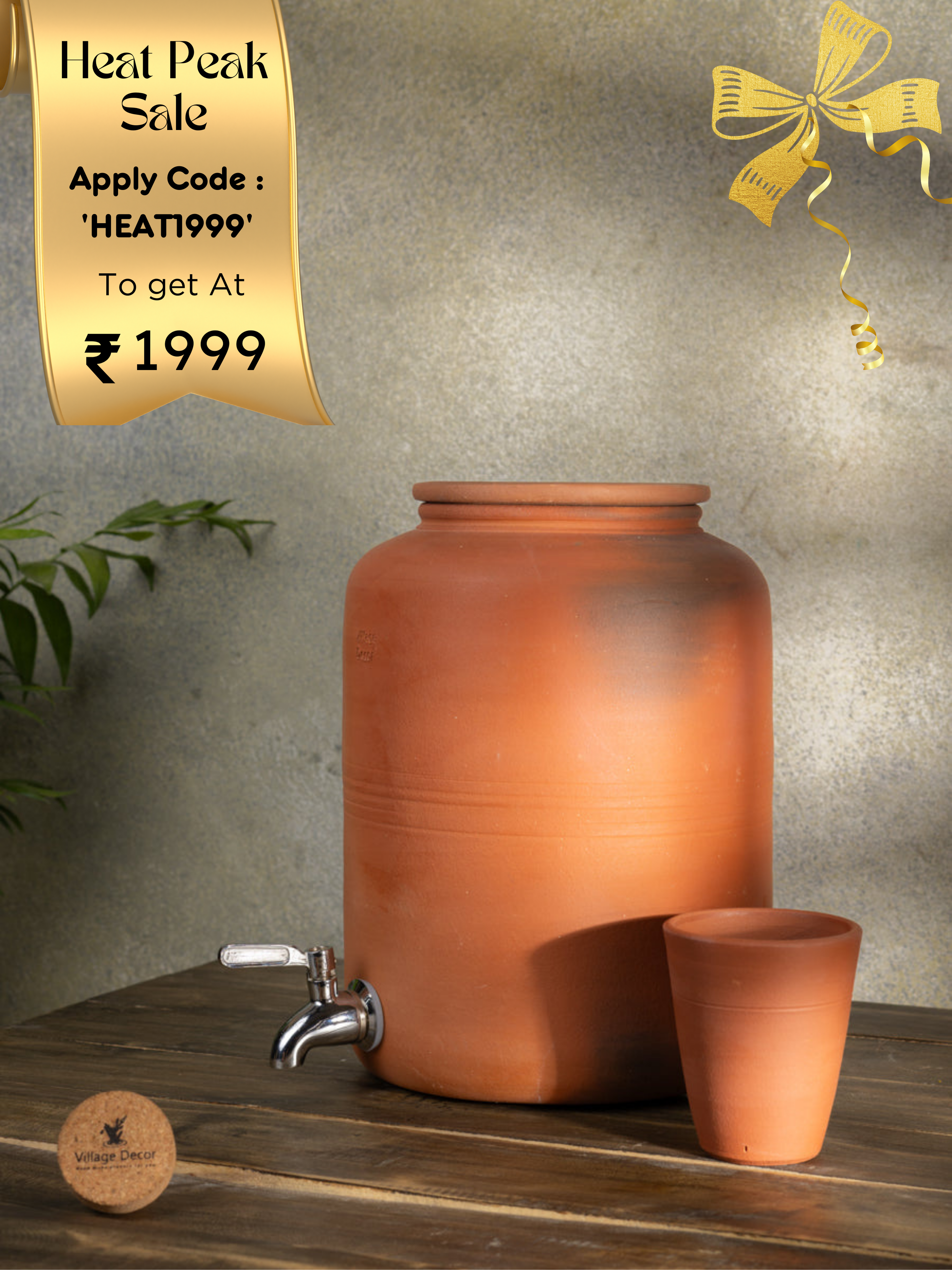 Village Decor Earthen Clay water pot with Lid & tap (Pre-seasoned) - 6000 ml