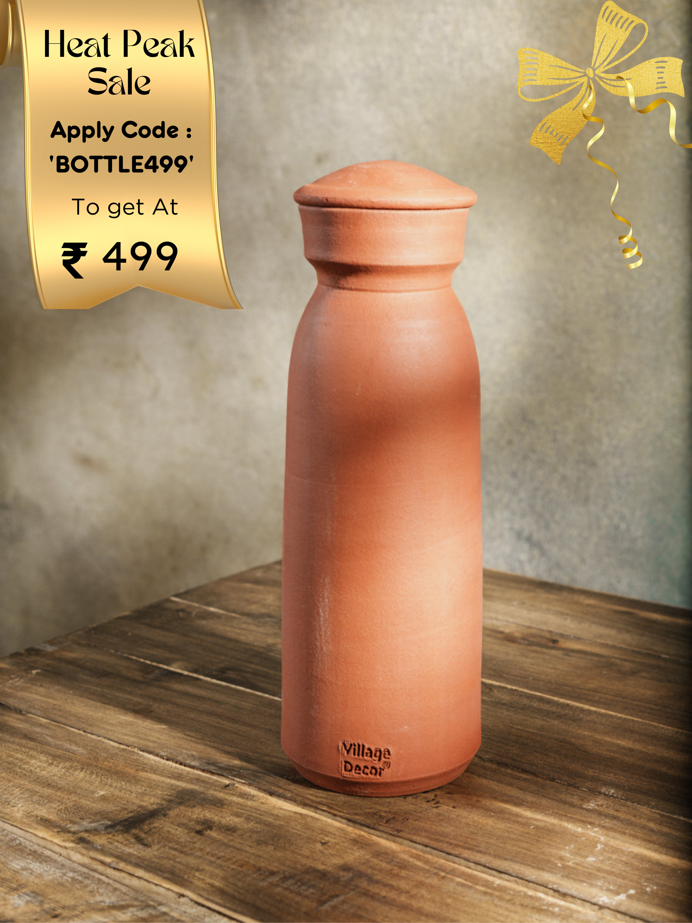 Village Decor Terracotta clay water bottle with lid (Pre-seasoned) 1000 ML