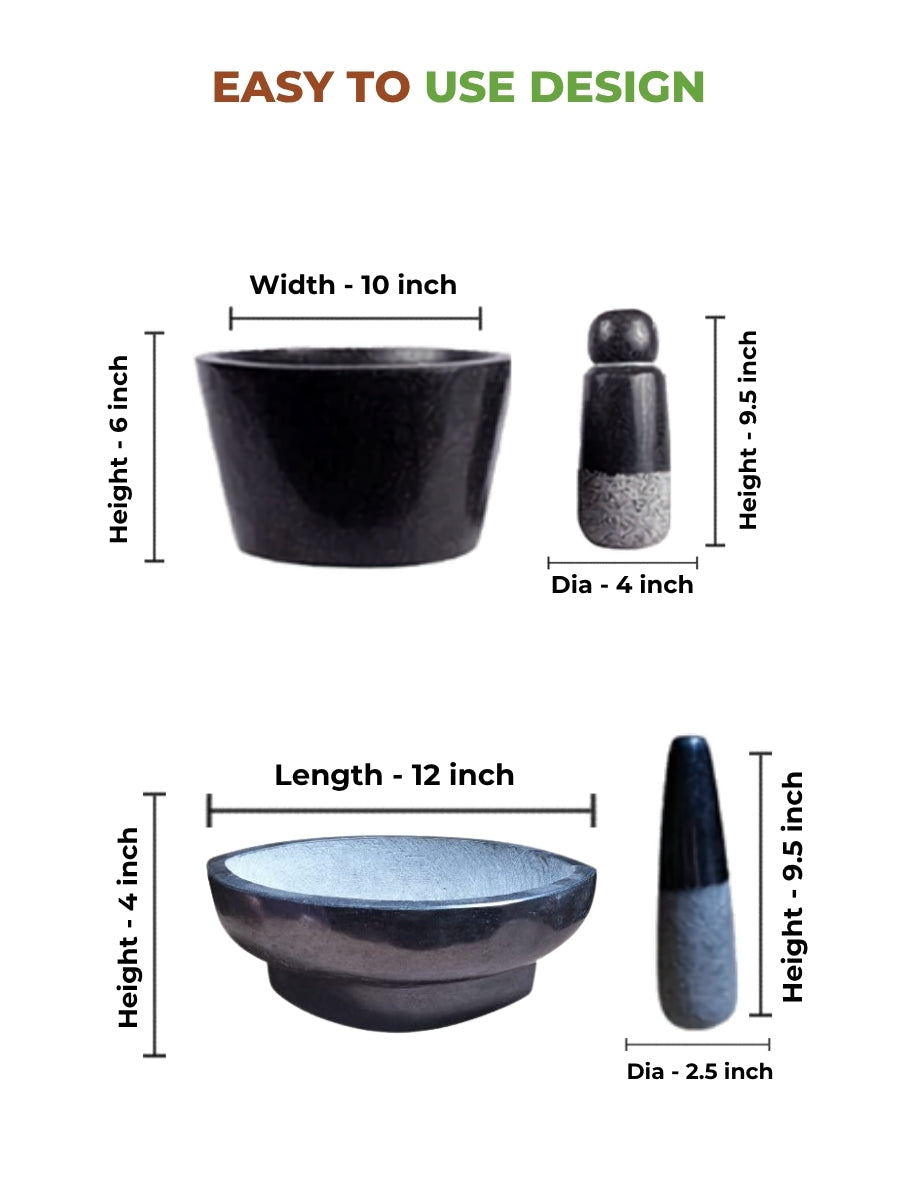 Dimension chart of handmade kalvam (Kharal) and Rubbu Rolu (Attukal) showing height, width, diameter, and length of each piece with Village Decor branding.
