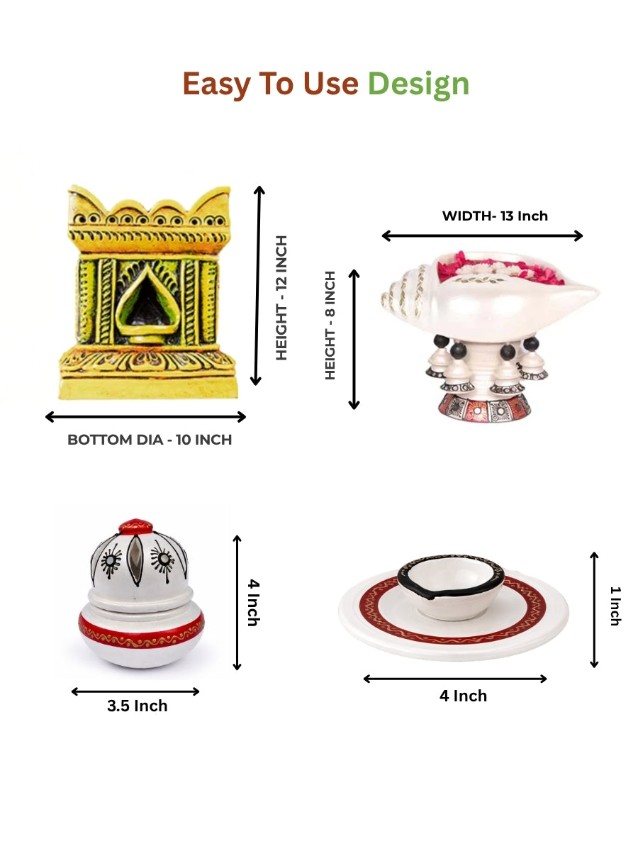 Dimension view of clay pooja essentials set with measurements of incense holder, lamp, and tulsi pot and sangu urli.