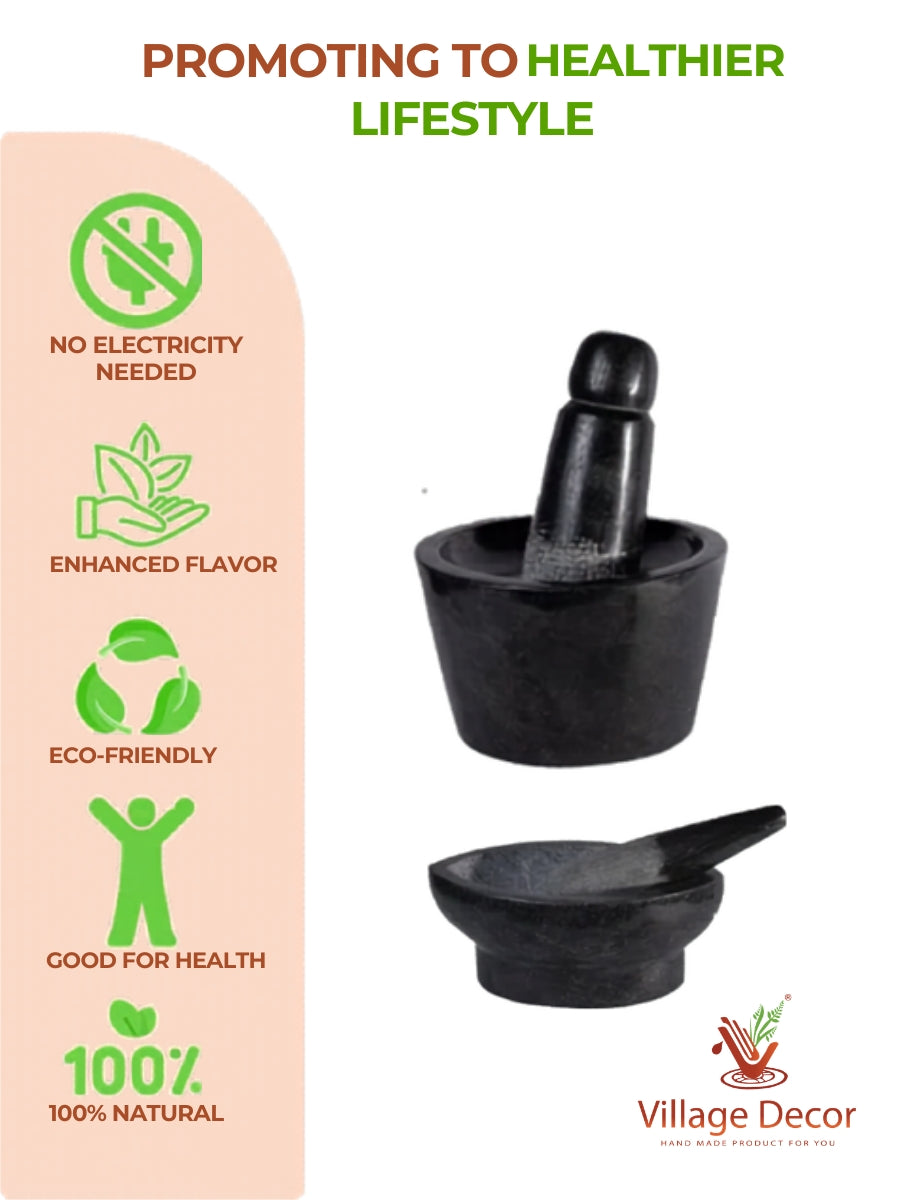 Traditional stone mortar and pestle set by Village Decor, promoting a healthier lifestyle with benefits like no electricity use, enhanced flavor, and 100% natural grinding.
