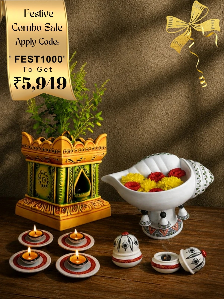 Lifestyle view of everyday pooja essentials combo with clay lamp, incense holder, plate agal vilakku and Tulsi Pot in a traditional home worship setup.