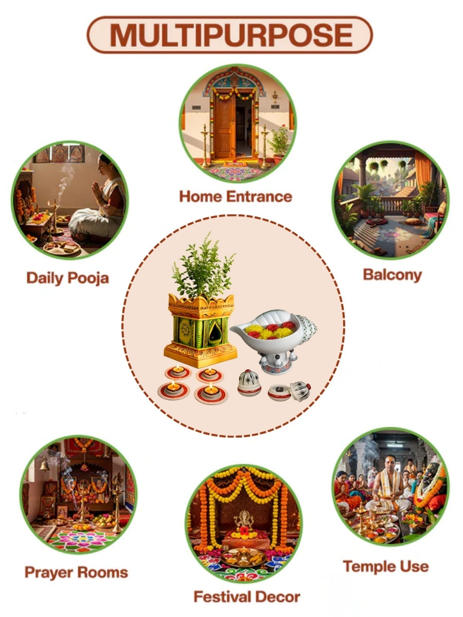 Clay pooja essentials set designed for multiple uses including bedroom, events, yoga, meditation, and spiritual spaces