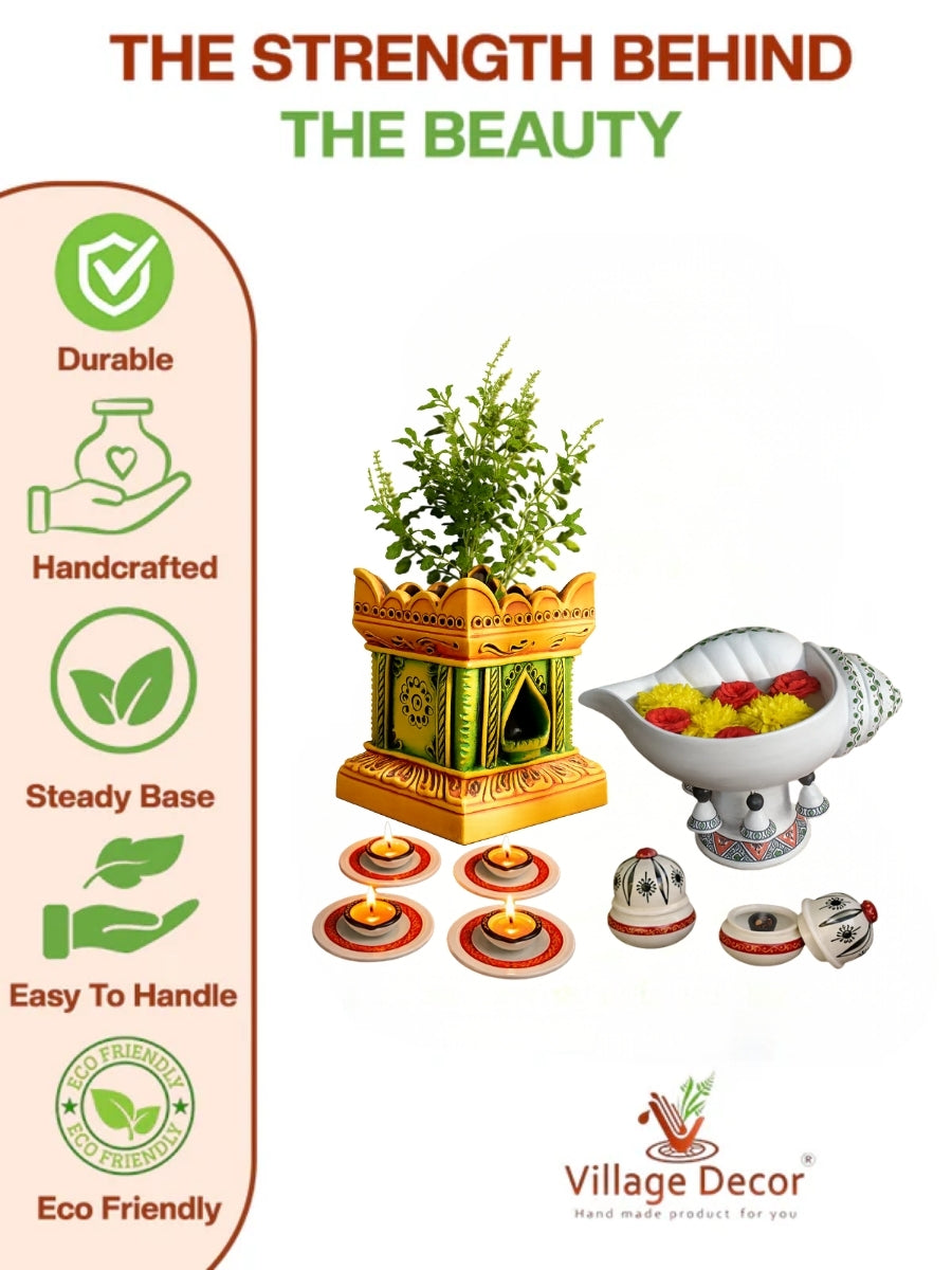 Handmade terracotta pooja set features infographic showing durability, stability, and artisan craftsmanship
