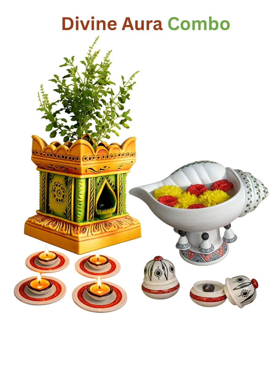 Handcrafted clay pooja set including lamp, incense holder, and urli with stand   tulsi pot on white backdrop