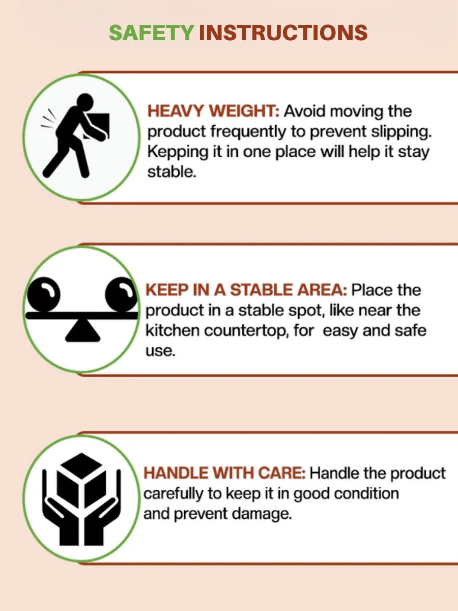 Safety guide for using Kalvam and Rubbu Rolu, highlighting precautions like heavy weight handling, keeping in a stable area, and handling with care.
