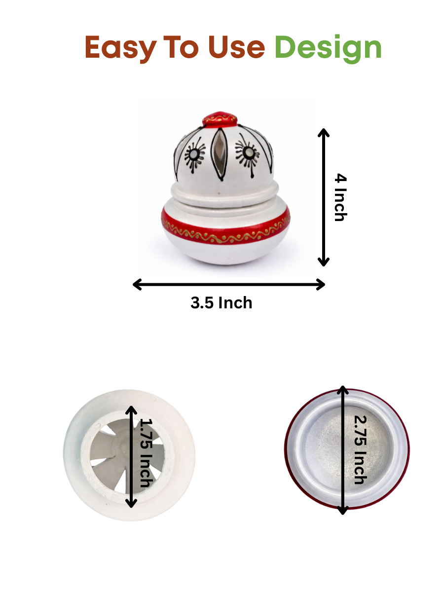 Incense holder dimension view showing height and width with lid open and closed, labeled measurements for pooja and dhoop use.
